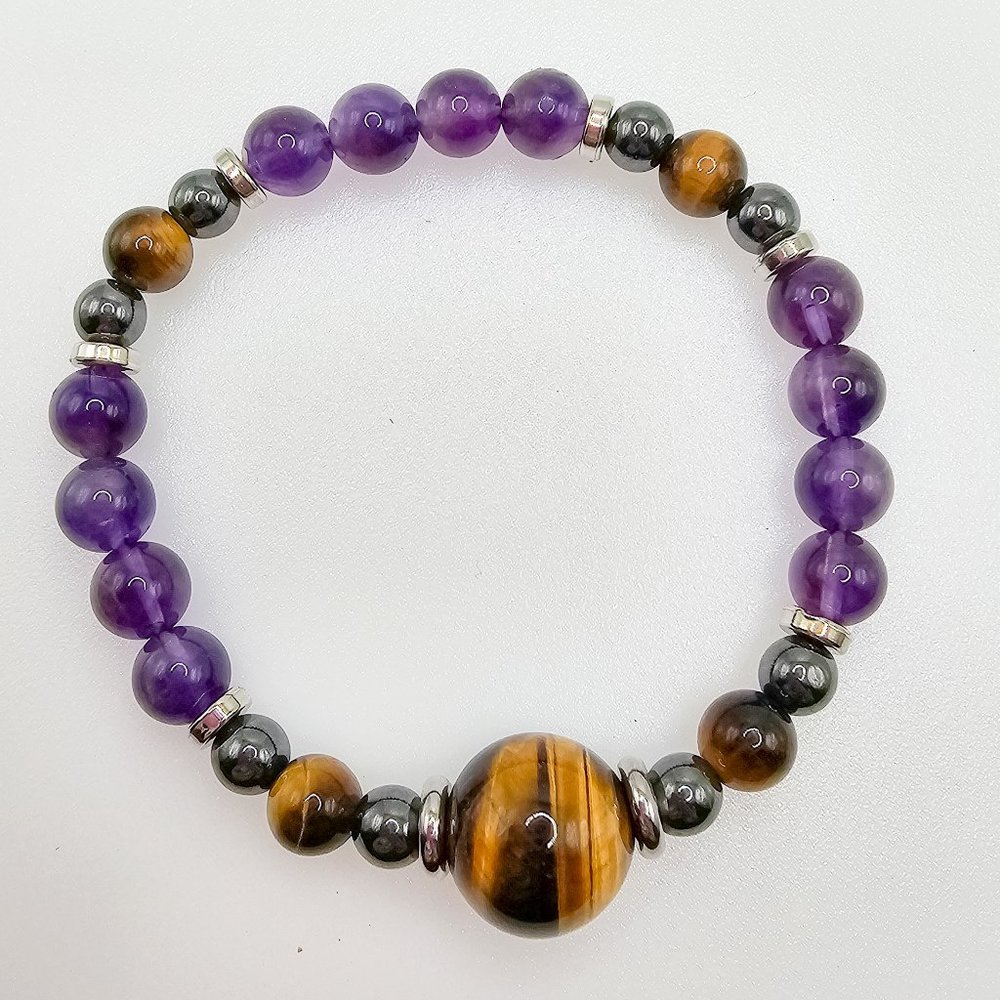 Fearless and Strength - Tigers Eye, Amethyst & Hematite  8 Inch Energy Bracelet